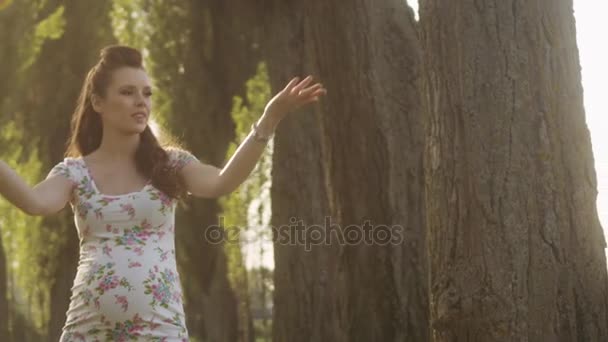 Zwangere vrouw genieten van een zomerweer - frisse weide. — Stockvideo