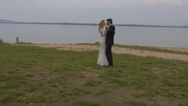 Šťastní novomanželé na svatební cestě blízko přírody — Stock video