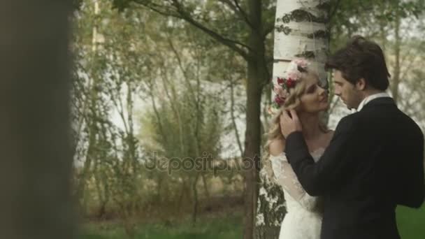 Счастливые молодожены в медовый месяц на природе — стоковое видео