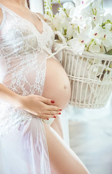 Mujer embarazada sosteniendo una cesta llena de flores — Foto de Stock