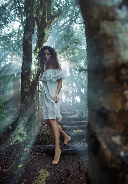 Ninfa Beautfiul caminando entre árboles en la selva —  Fotos de Stock