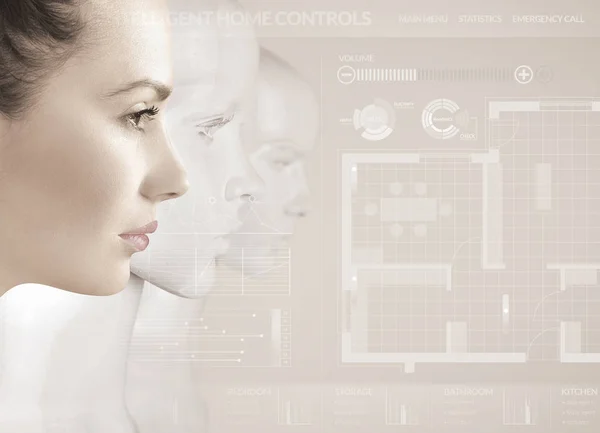 Kobieta i roboty - sztuczna inteligencja — Zdjęcie stockowe