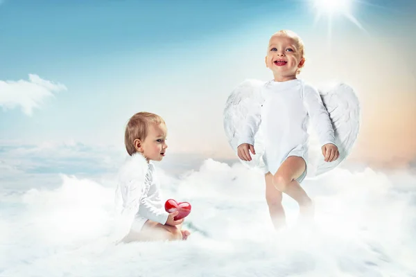 Konceptuella porträtt av en två söt cupids i molnet — Stockfoto