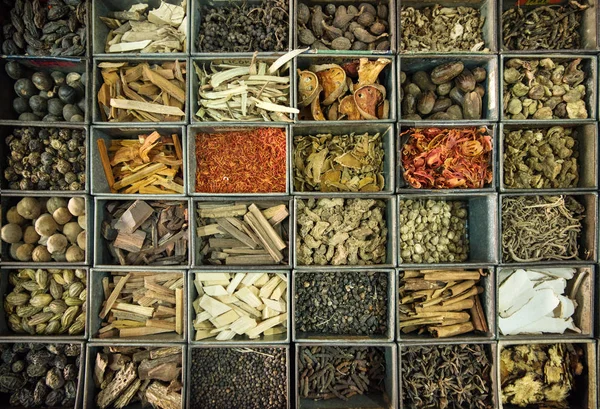 Picture of a lot of boxes full of spices Stock Picture