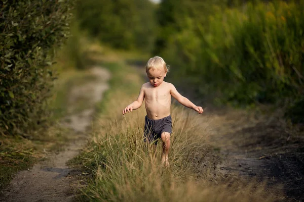 Bonito menino waling em um caminho de país — Fotografia de Stock
