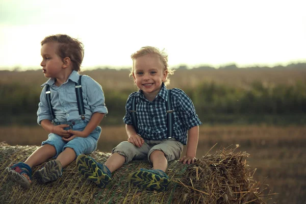 Retrato de niños alegres sentados en una gavilla — Foto de Stock