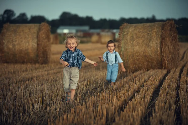Retrato de dos lindos hermanos corriendo por las tierras de cultivo — Foto de Stock