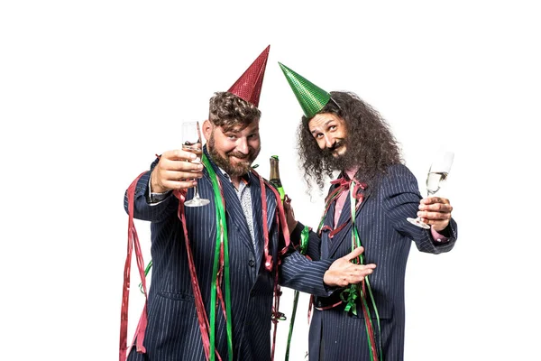 Dos Amigos Elegantes Alegres Disfrutando Fiesta —  Fotos de Stock