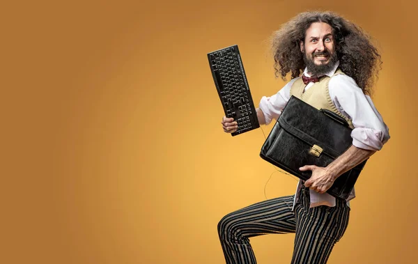 Portrait Skinny Nerd Holding Keyboard Briefcase — Stock Photo, Image