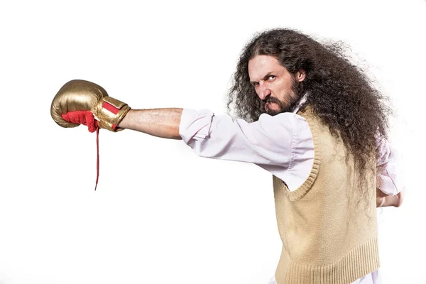 Retrato Friki Flaco Golpeando Con Guante Boxeo — Foto de Stock