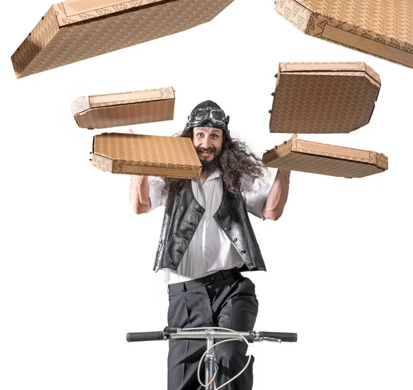 Веселий Піца Людина Велосипеді — стокове фото