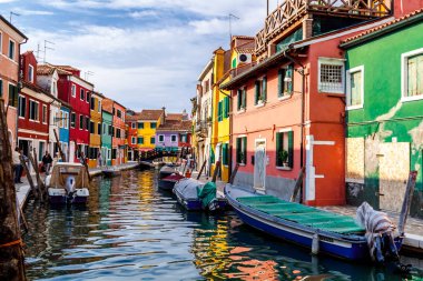 Venice, Italy - October, 2017: Colorful houses on Burano, island in the Venetian Lagoon.