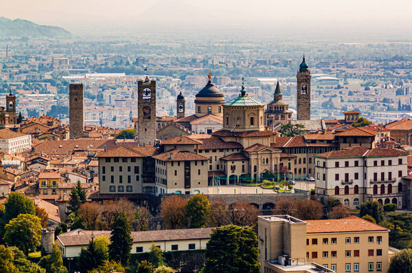 Panoramic veiw on Upper old city (Citta Alta) in Bergamo with historic buildings.