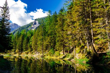 İtalya 'nın Dolomite Alpleri' ndeki bir dağ sırasındaki manzara ve ormanlar.