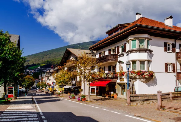 Ortisei, Valgardena, Bolzano/Italy - 27 September 2017: Rezia street (Strada Rezia) with hotels and shops.