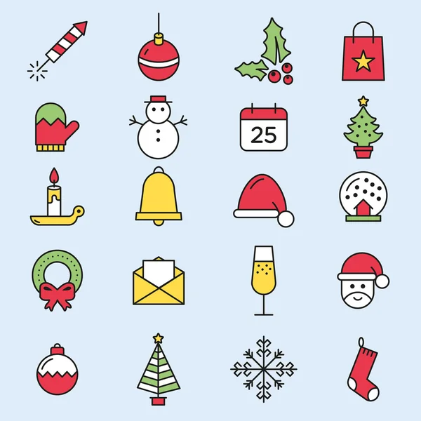 Ensemble d'icônes de Noël à contour plat coloré — Image vectorielle