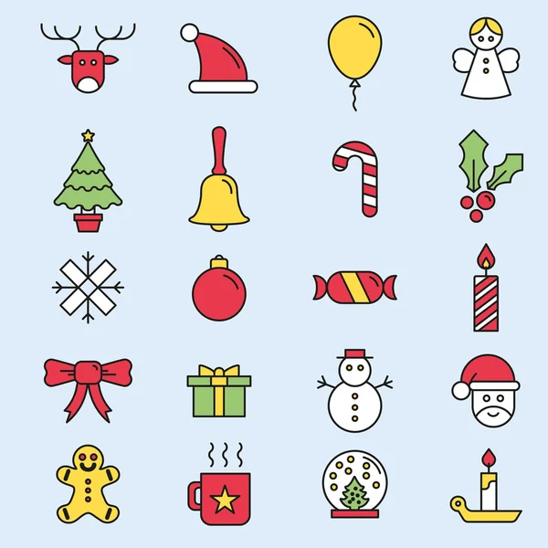 Conjunto de iconos planos de Navidad delineados colorido — Archivo Imágenes Vectoriales