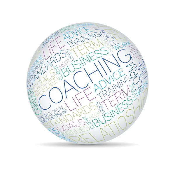 Coaching concept related words in sphere tag cloud — Stock Vector