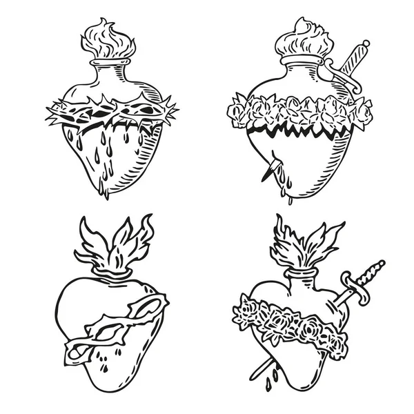 Set Corazón de la Santísima Virgen María tatuaje ilustración diseño — Archivo Imágenes Vectoriales