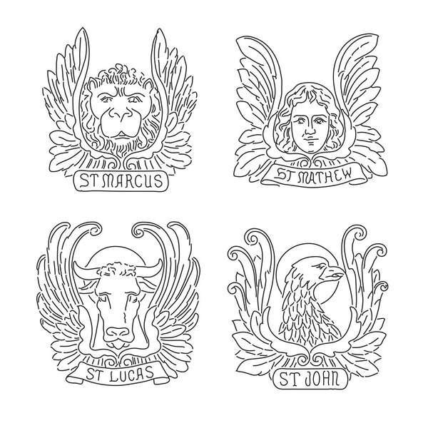 Четыре евангелиста выстраивают символы: ангел, лев, бык и орёл. Матфея, Марка, Луки, Иоанна
.