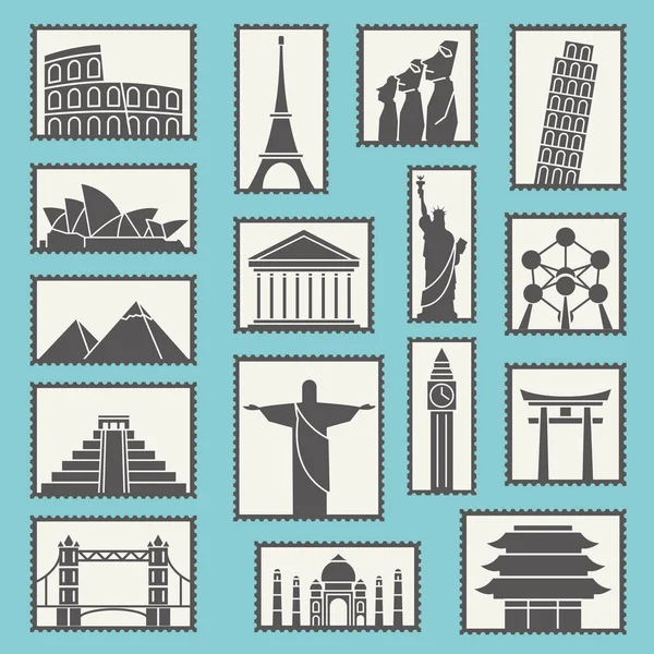 Reihe von Denkmälern Briefmarken Vektor-Symbole Symbole Illustration — Stockvektor