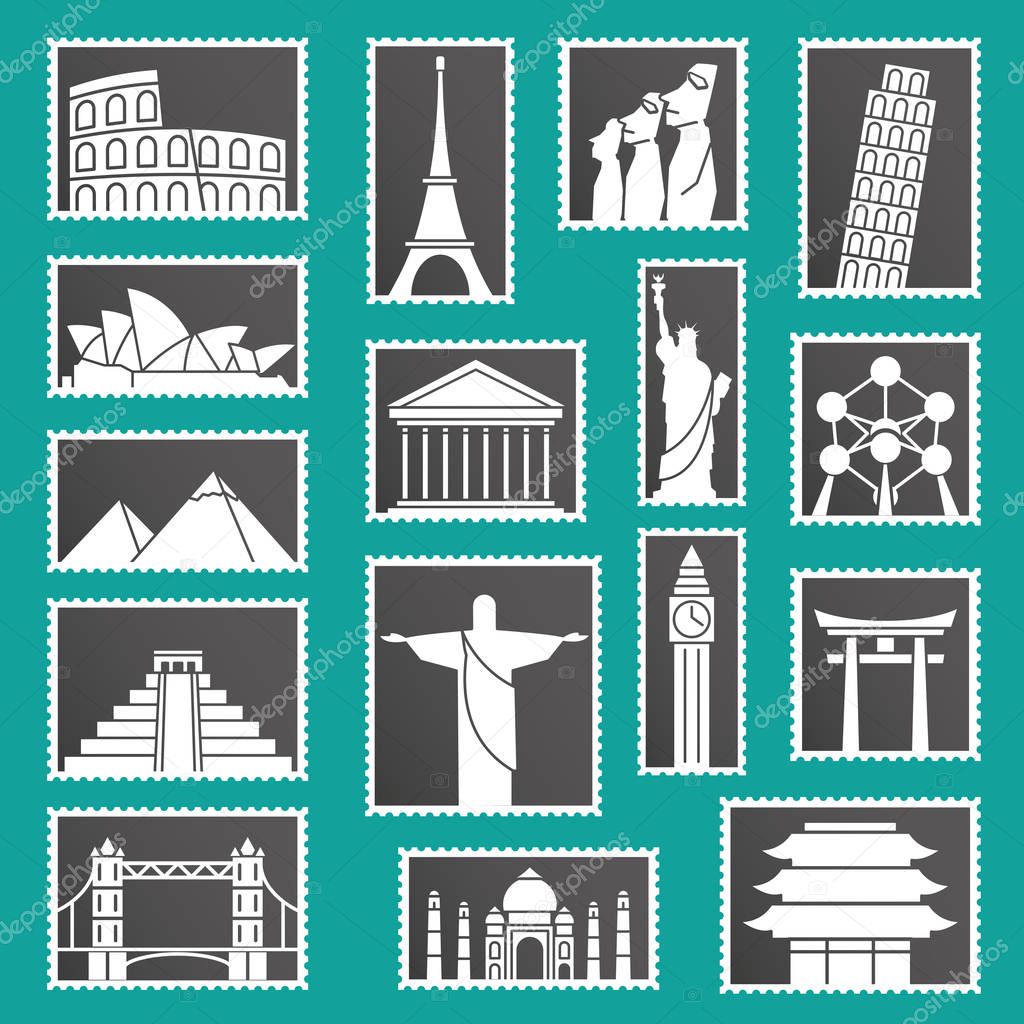 Set of monuments stamps vector icons symbols illustration