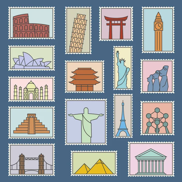Conjunto de monumentos sellos vectorial línea estilo iconos símbolos ilustración — Vector de stock