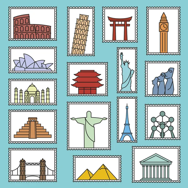 Σύνολο εικονογράφηση μνημεία Γραμματόσημα φορέα γραμμή στυλ εικονίδια συμβόλων — Διανυσματικό Αρχείο