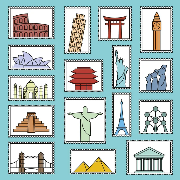 Série de monuments timbres vectoriel ligne style icônes symboles illustration — Image vectorielle