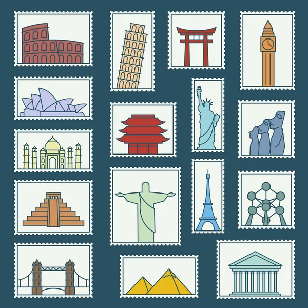 Serie di monumenti francobolli vettoriale linea stile icone simboli illustrazione — Vettoriale Stock