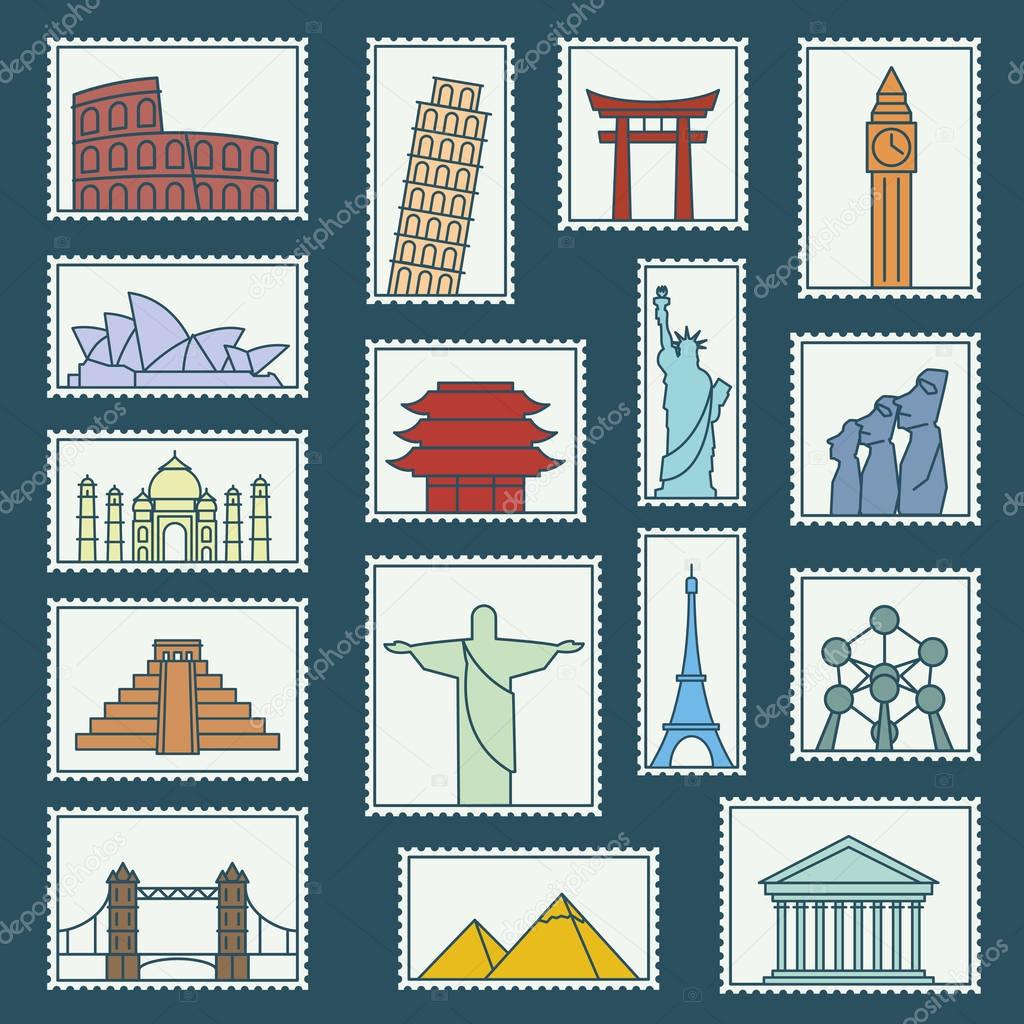 Set of monuments stamps vector line style icons symbols illustration