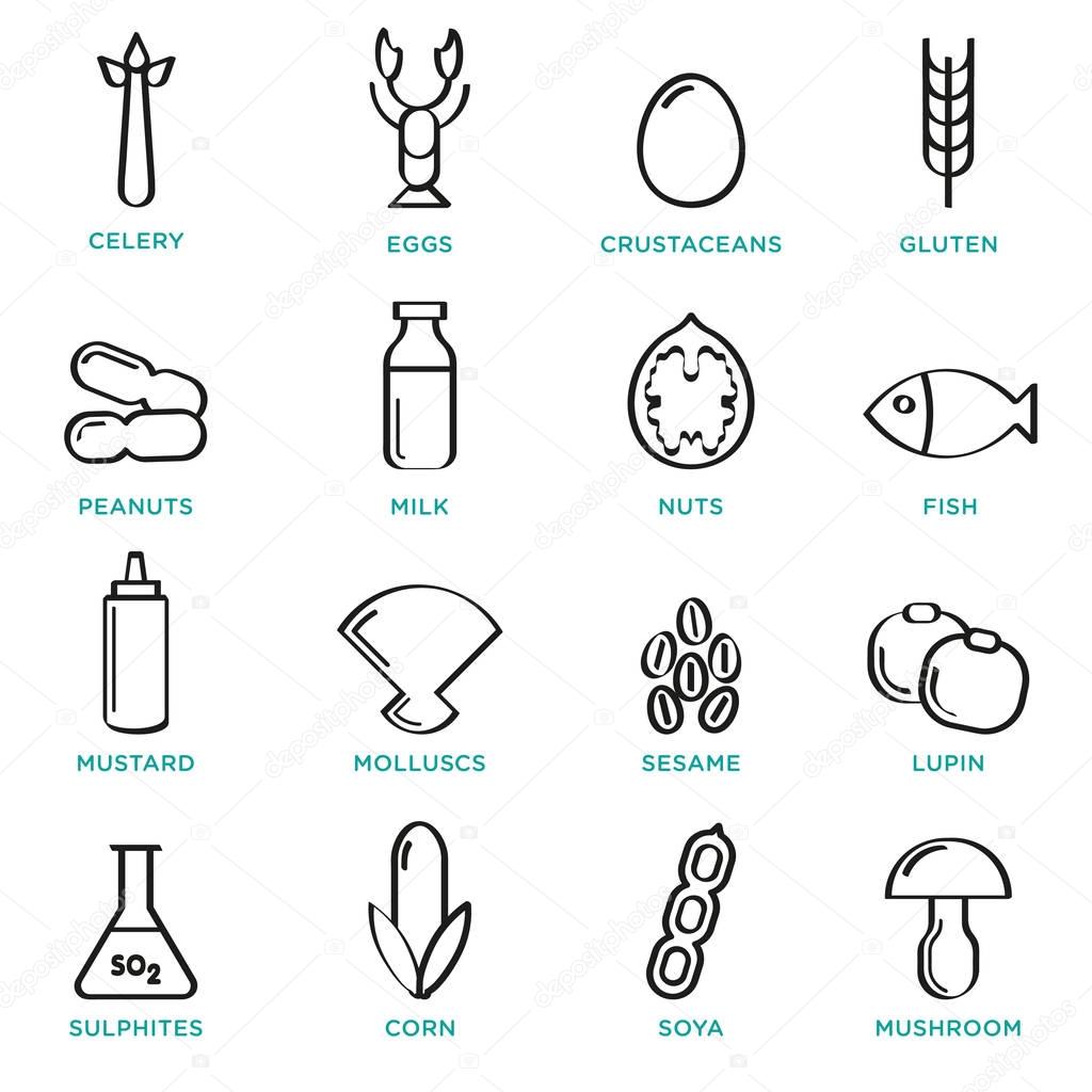 Allergen vector icons set. Food allergens symbols emblems signs collection