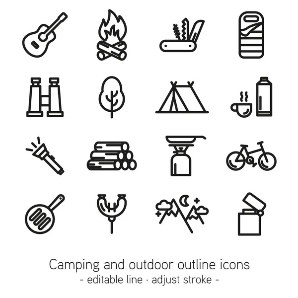 Iconos de acampada y contorno al aire libre - línea editable - ajuste de carrera  - — Archivo Imágenes Vectoriales