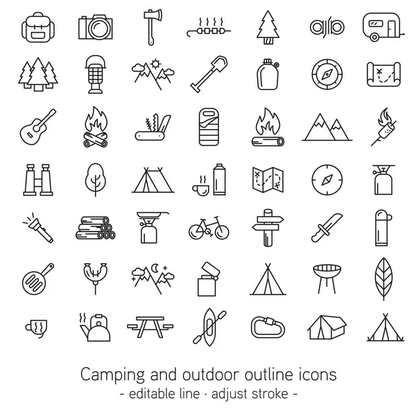 Acampar e ícones de contorno ao ar livre - linha editável - ajustar curso  - — Vetor de Stock