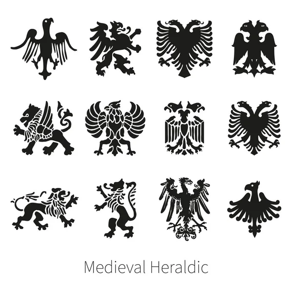 Set Heráldico medieval vector león, grifo y águila — Vector de stock