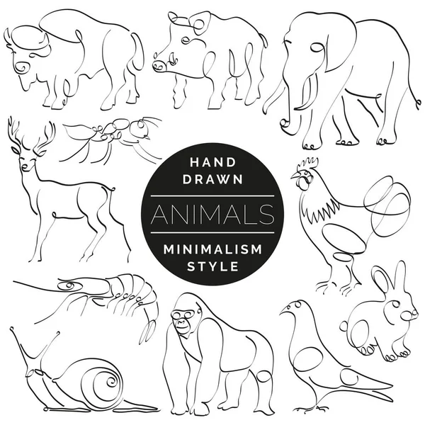 Állatok csoportja, a kezében készült a minimalizmus stílusát. Folyamatos vonal d — Stock Vector