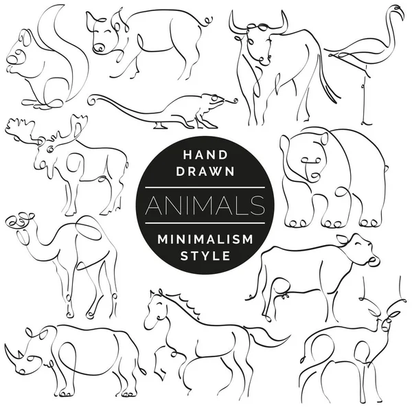 Aantal dieren in de hand getrokken minimalisme stijl. Doorlopende lijn d — Stockvector