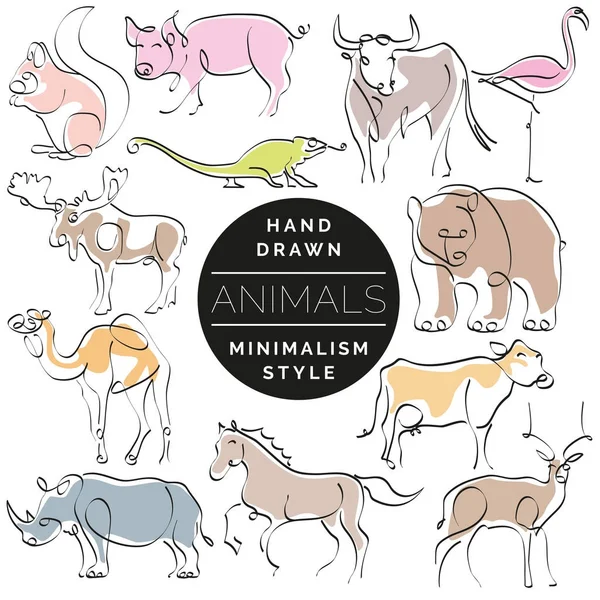Set von Tieren in handgezeichnetem Minimalismus-Stil. durchgehende Linie d — Stockvektor