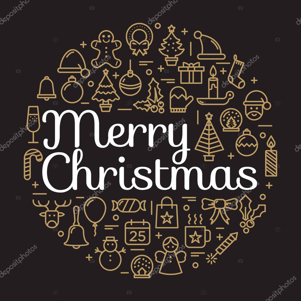 Merry Christmas for winter holidays greeting card. Merry Christmas logo. Merry Christmas typography and calligraphy. Christmas icons.