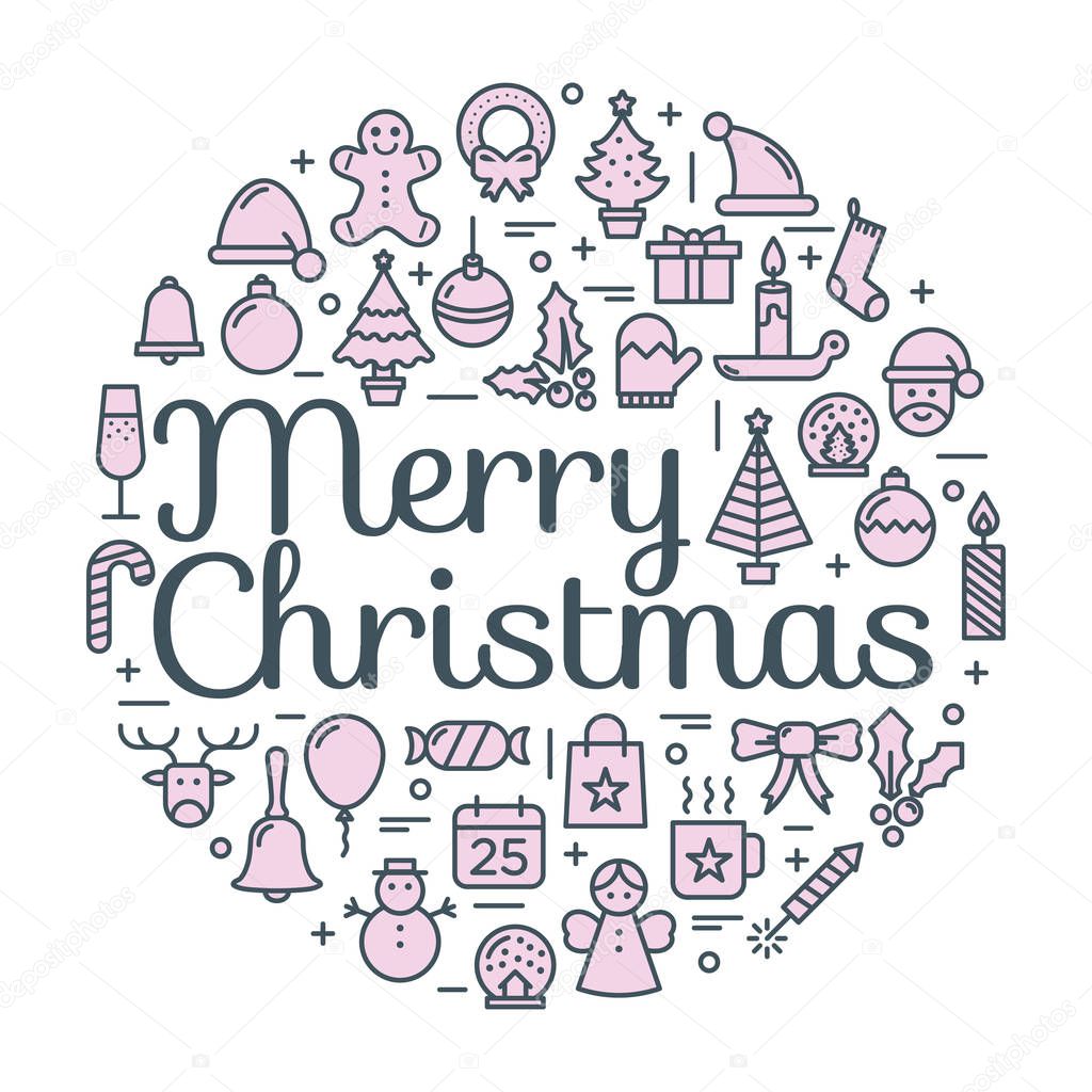 Merry Christmas for winter holidays greeting card. Merry Christmas logo. Merry Christmas typography and calligraphy. Christmas icons.