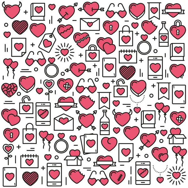 Fondo con iconos y corazones. Ilustración vectorial para Valent — Archivo Imágenes Vectoriales