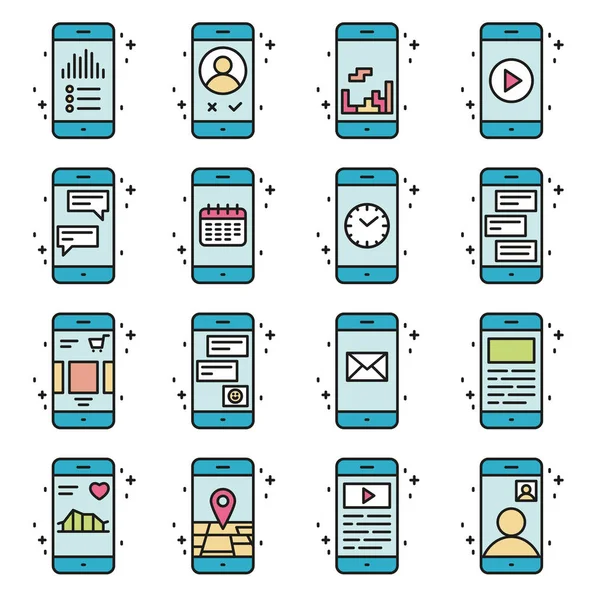 Slimme telefoonfuncties en apps vector pictogrammenset in kaderstijl. — Stockvector