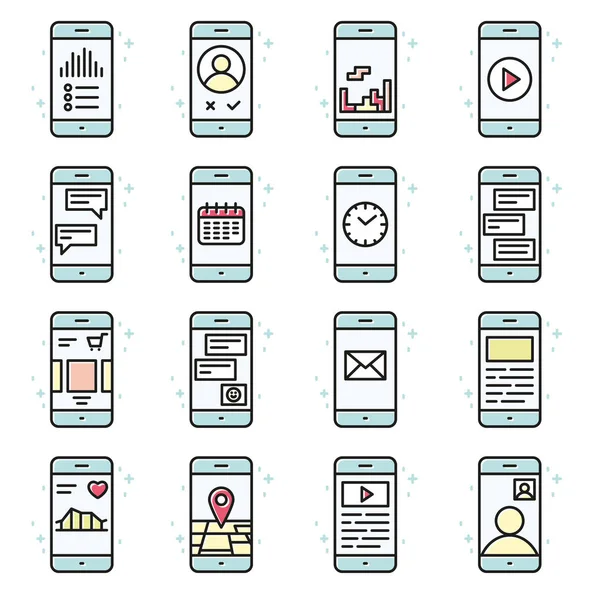 Smart phone functions and apps vector icon set in outline style. — Stock Vector