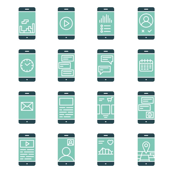 Funciones de teléfono inteligente y aplicaciones icono vectorial establecer estilo de línea — Archivo Imágenes Vectoriales