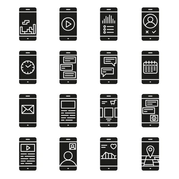 Smart phone functions and apps vector icon set line style — Stock Vector