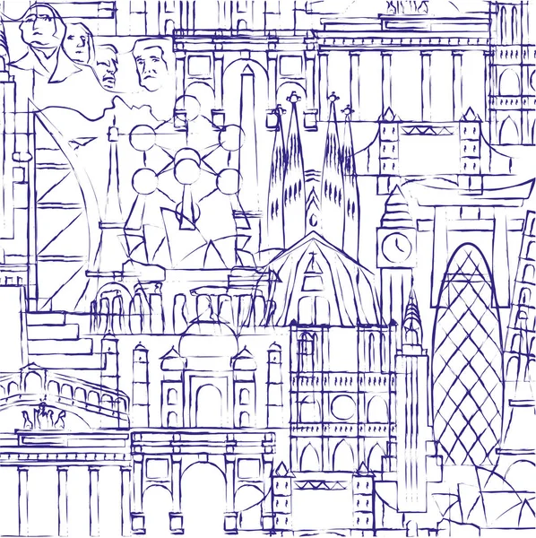 Bakgrund av teckningar av berömda byggnader och monument. — Stock vektor