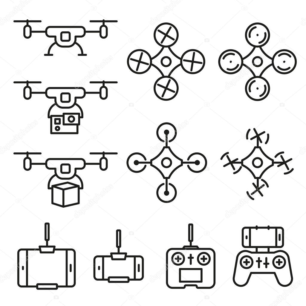 Flying drone flat line style icons on white background.