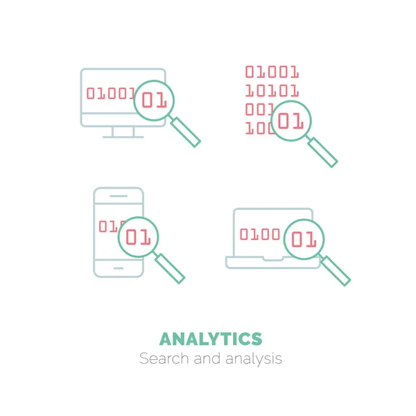 Semplice set di icone del concetto di progettazione di linee sottili vettoriali piatte Analytics Illustrazione Stock