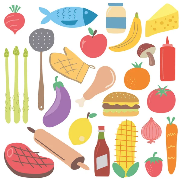 Conjunto de dibujos animados coloridos comida rápida ilustración de estilo escandinavo — Vector de stock