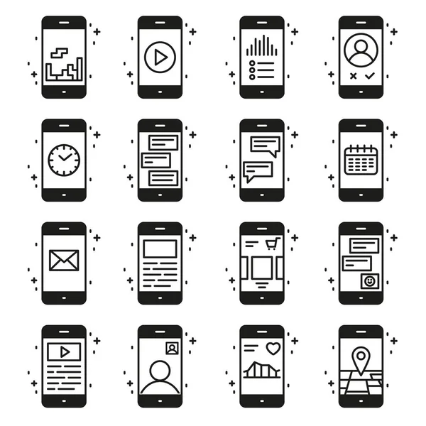 Funkcje smartfona i zestaw ikon wektorowych aplikacji. — Wektor stockowy